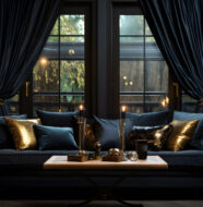 Elegant Black Velvet Curtains with Gold Accents in a Luxurious M